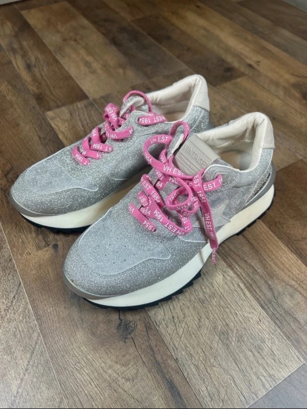 Vintage Silver Glitter Sneakers with Pink Laces